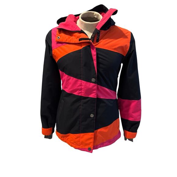 Roxy Women’s 10K Long Slim Fit Snowboard Ski Jacket M Black Pink Orange Block - Picture 1 of 12